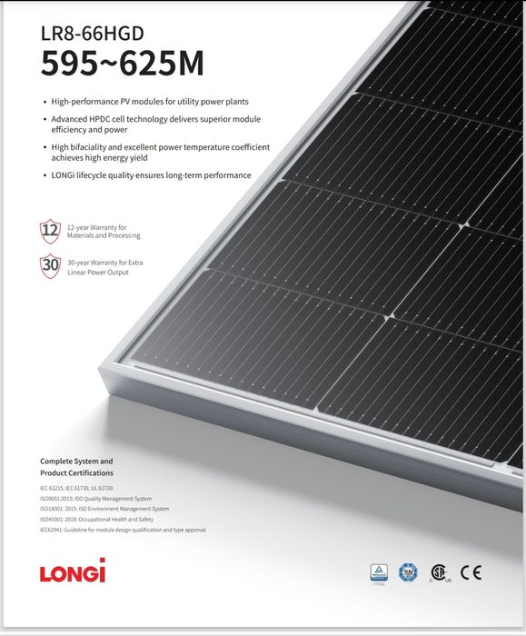 Сонячні панелі LONGi LR8-66HGD-615M (615W, Bifacial, HPDC)