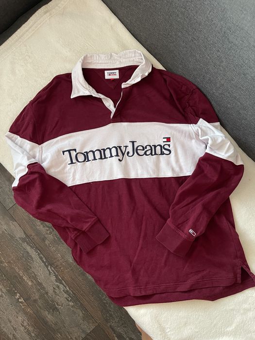 бордовый лонгслив поло кофта tommy jeans