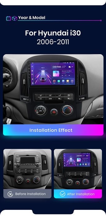 Rádio 9" android Hyundai i30 de 2006-11 CARPLAY WIFI GPS 2/32GB Novo