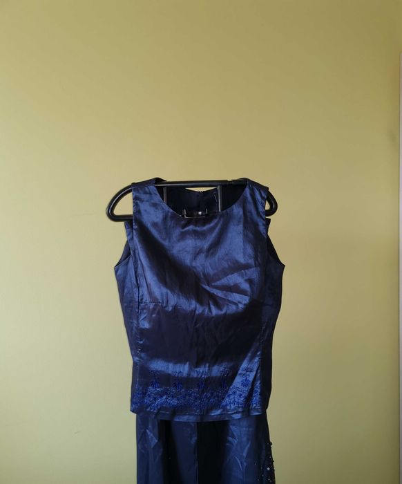 Granatowy imprezowy komplet długa spódnica i bluzka M 38