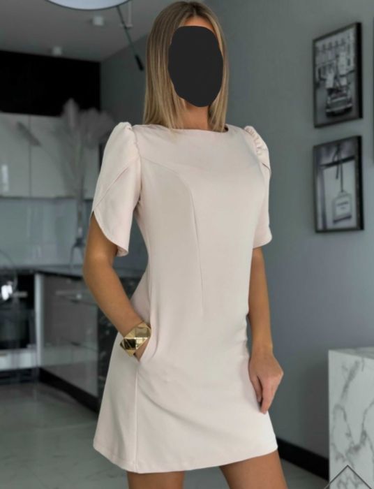 Sukienka elegancka beżowa trapezowa ciążowa luźna rękawki
