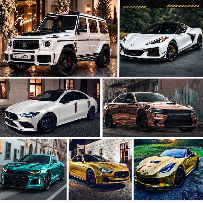 Wypożyczalnia, Wynajem Samochód do ślubu Złoty Mustang Dodge Maserati Biały Mercedes G Klasa Ferrari Corvette Cabrio Camaro Audi