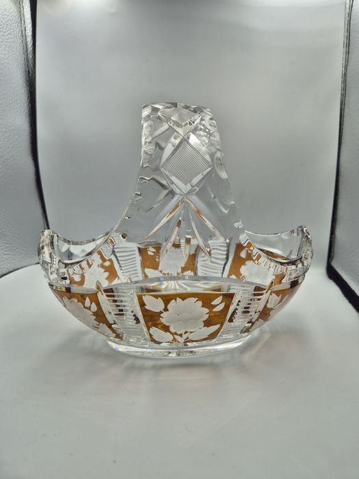 Koszyk kryształowy PRL Bohemia ręcznie szlifowany złocony