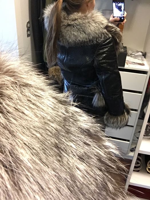 Prawdziwy kozuch lis naturalny futro S czarne kurtka skora