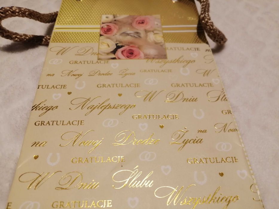 Torebka na prezent, butelkę, wino, ślub, życzenia, 11x35cm