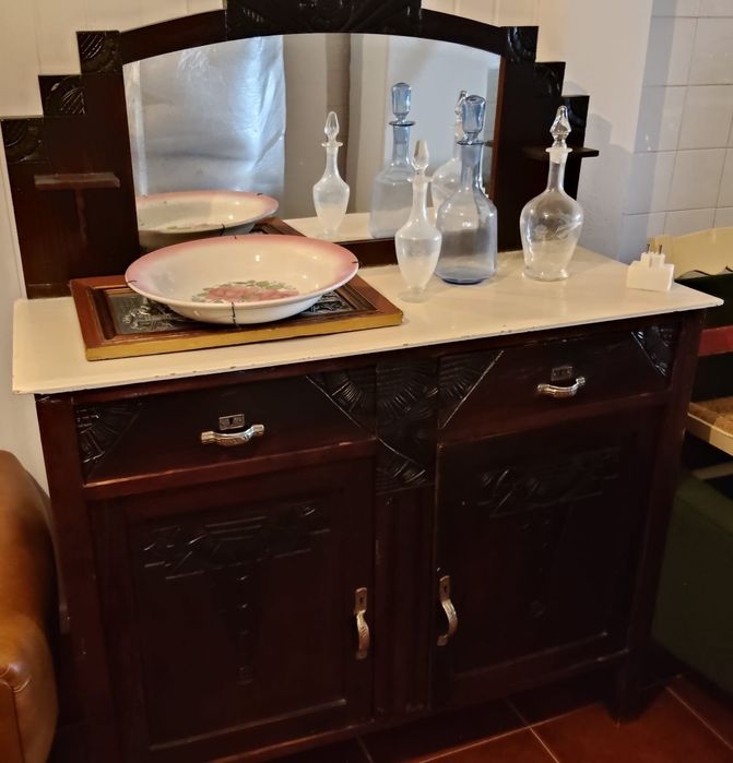 Cómoda Toucador Antiga Art Déco – Madeira e Mármore (Com Espelho)