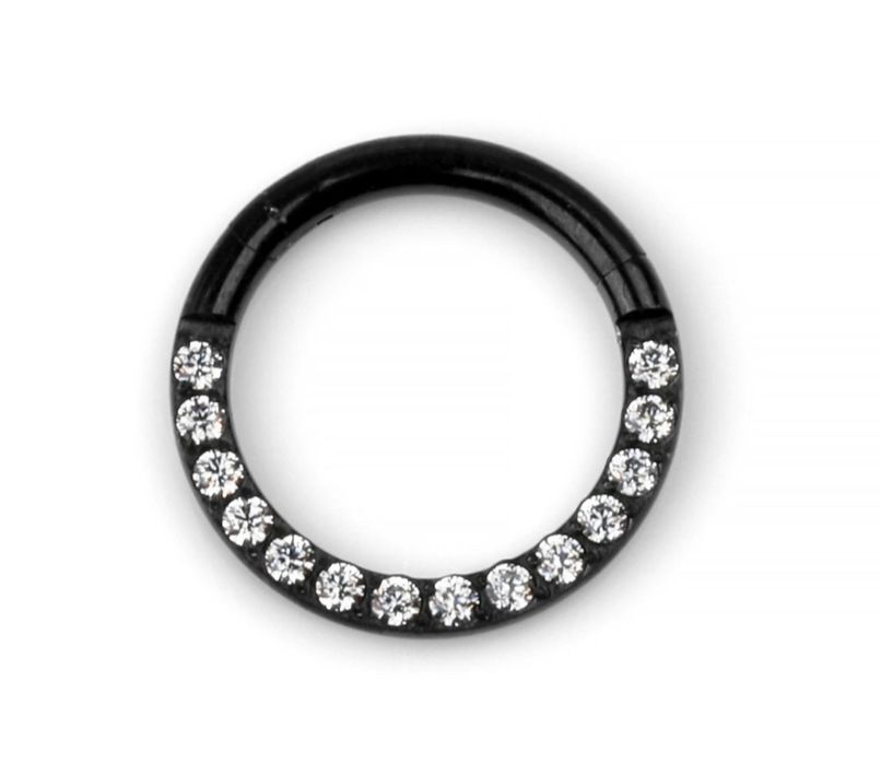 Чорне шарнірне кільце-клікер для пірсингу з фіанітами