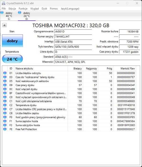Dysk HDD Toshiba MQ01ACF032 320GB SATA GW3m N237