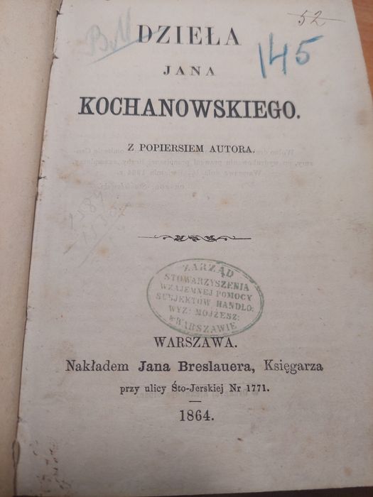 Dzieła Kochanowskiego 1864, dawny napis pod okładką!