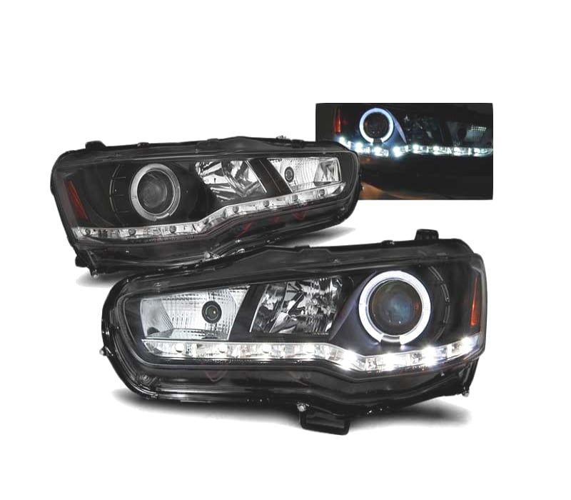 FARÓIS LED ANGEL EYES MITSUBISHI LANCER VIII 08- PRETO