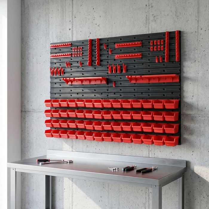 Tablica narzędziowa ścianka warsztatowa 115x78 cm 56 kuwet XXL 40 uchwytów półki haki organizer ścienny do garażu NOWY GWARANCJA 24M + GRATIS