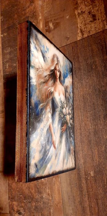 Obrazek na drewnie ręcznie zdobiony, Anioł Stróż na prezent,