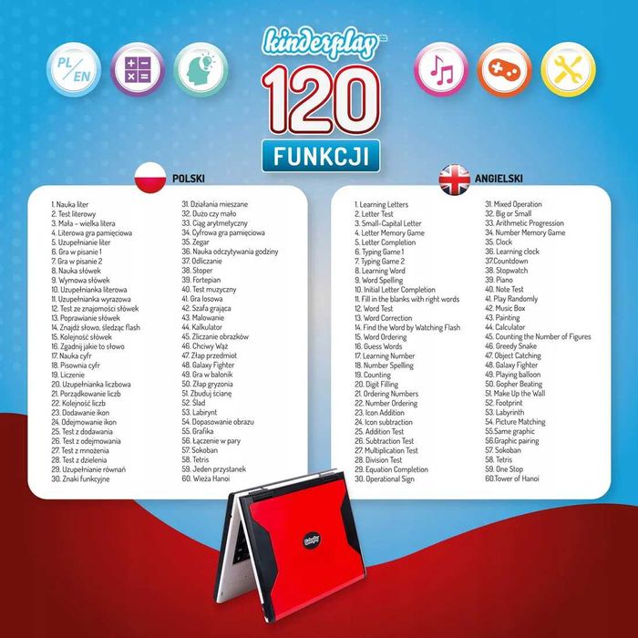 Laptop Edukacyjny dla Dzieci Nauka Literek Liczenia Gry 120 Funkcji
