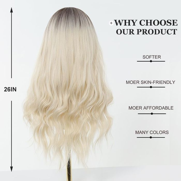 Długa Blond Peruka Z Grzywką Fale Ombre