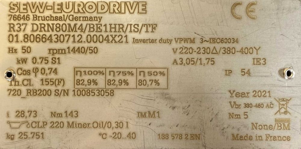 motoreduktor / przekładnia 0,75kW 50obr. 3fazowy HAMULEC SEW