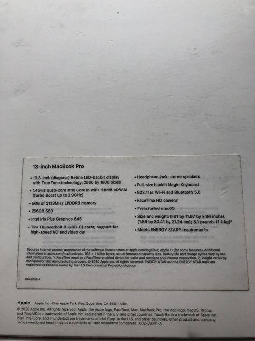 MacBook Pro 13” 2020 (A2289)| Intel i5 | 256GB SSD | Stan Bardzo Dobry