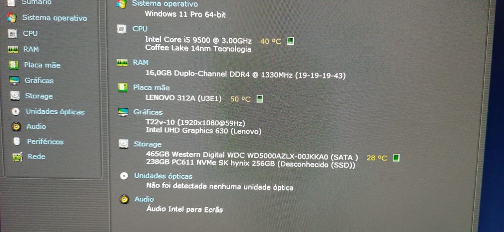 Pç Lenovo M720s 9ªG|I5.9500-3.0G|16G|NVMe256+HDD500|Wf5G+BT|TPM2.0|W11
