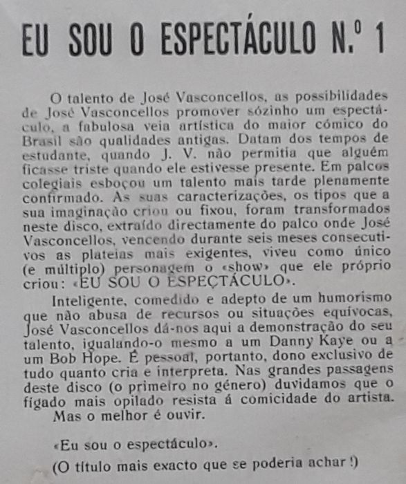 Capa de Disco vinil single de José Vasconcellos, Eu Sou o Espectáculo