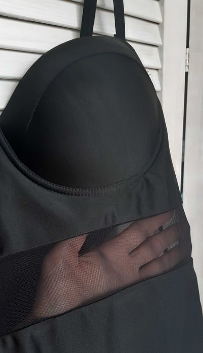 Стильный батал черный купальник сдельный, цельный с пуш ап shein