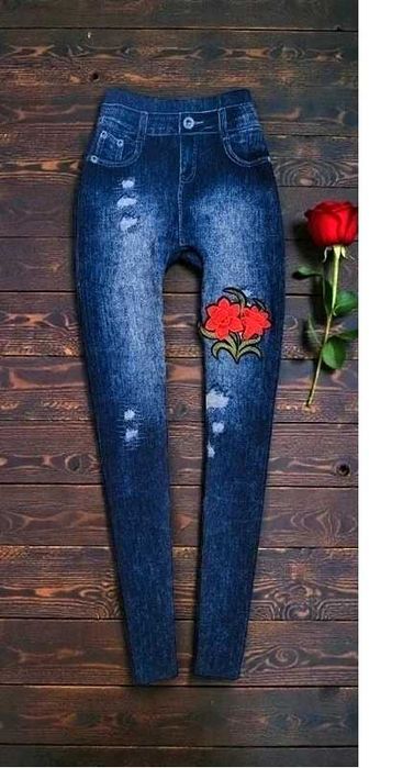 Spodnie Jegginsy A'la Jeansy Wysoki Stan Haft Kwiaty Przetarcia Boho