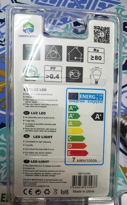 Lâmpadas de led E27 7W branco quente 560 lumens