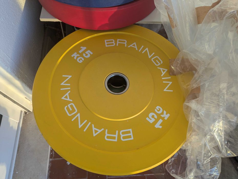 Bumper Plates coloridos conjunto 150kg BRAINGAIN precisão IWF +/- 10g