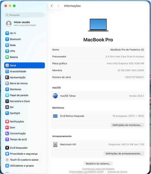 MacBook Pro 16” 2019 i9 2.4GHz / 32GB RAM / 1TB SSD / Radeon 5500M 8GB