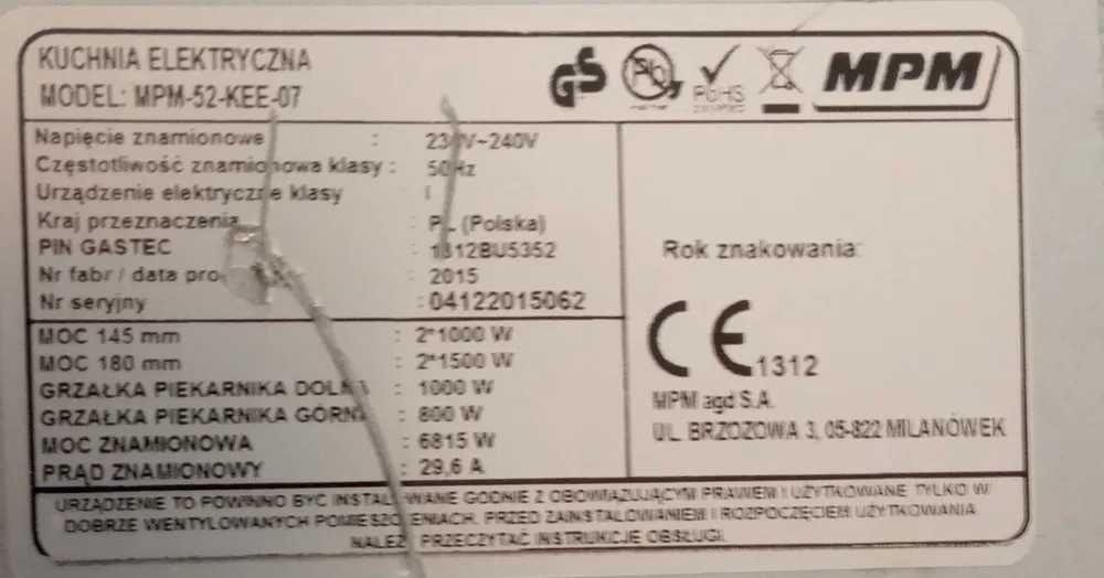 Kuchenka / kuchnia elektryczna MPM