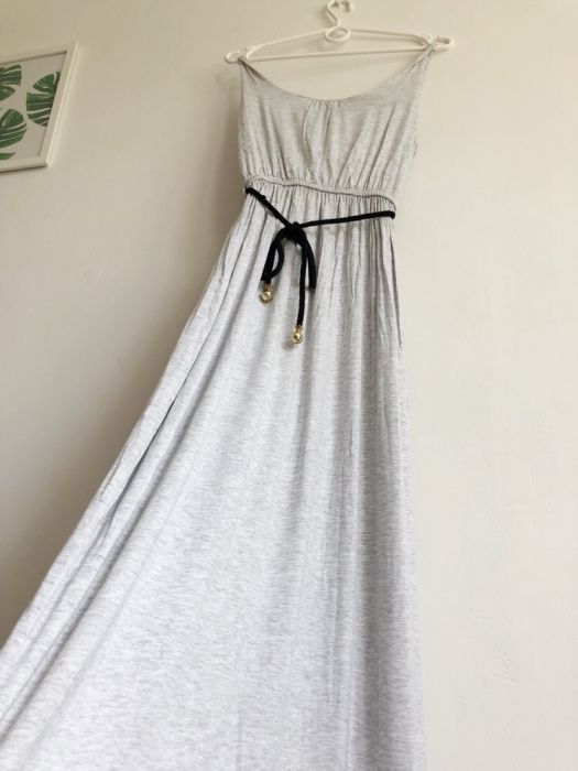Szara sukienka maxi na ramiączkach, hippie, boho