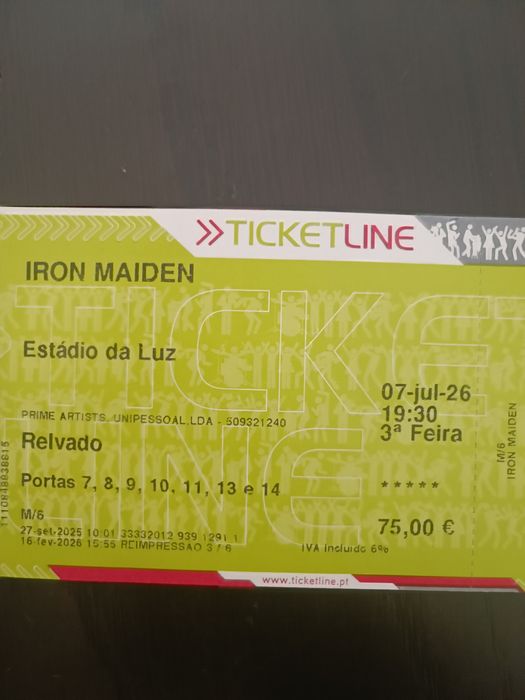 Bilhete plateia iron maiden