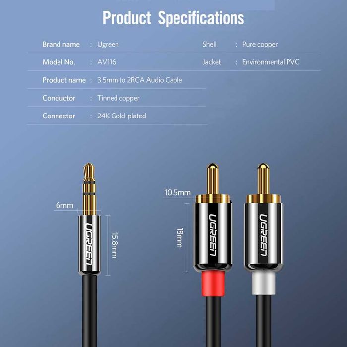 Кабель аудіо Jack 3.5mm на 2 RCA UGREEN HiFi UGREEN аудио для сабвуфера усилителя Aux Cable 3/5 метра