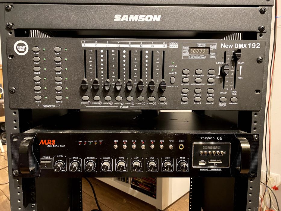 Wzmacniacz radiowęzłowy MRS 150W, Sterownik DMX LIGHT4ME, Szafa RACK19