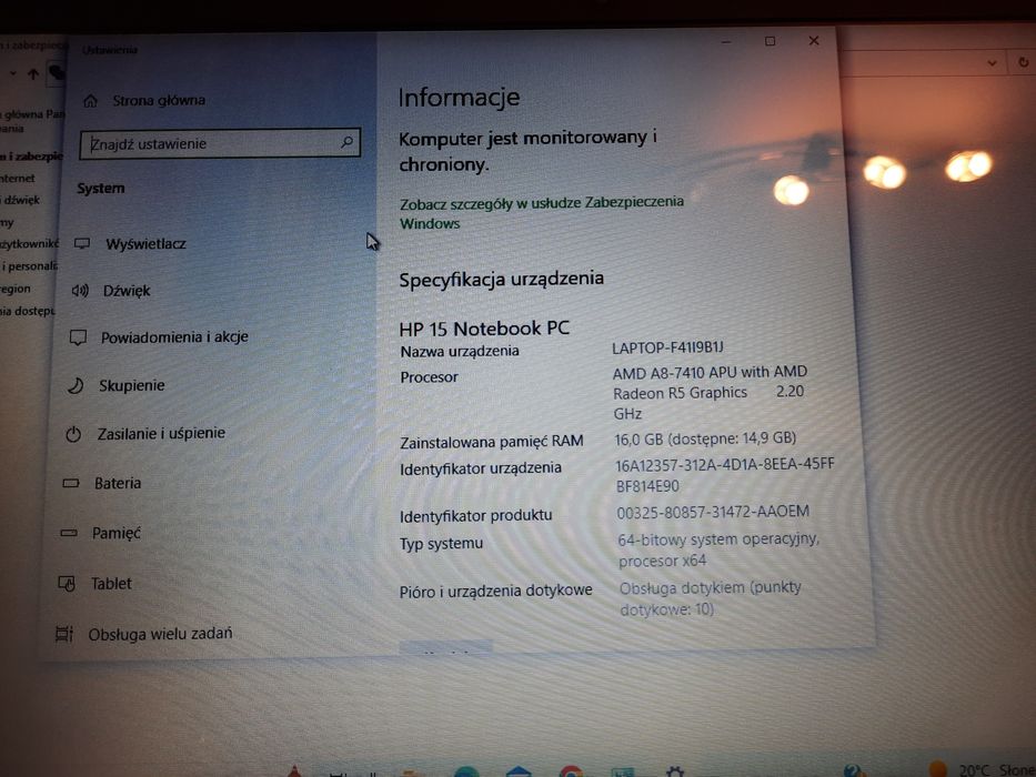 laptop HP 15", ekran  dotykowy, proc. AMD 4x2,2 GHz, 16MB RAM, WIN 10