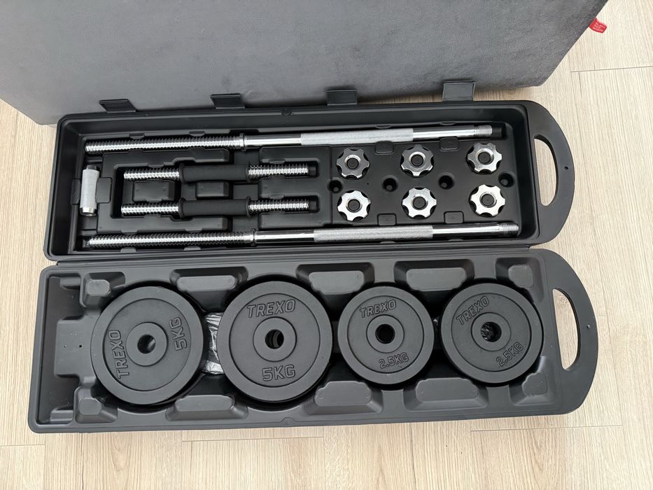 Zestaw hantli i sztangi TREXO 50 kg w walizce