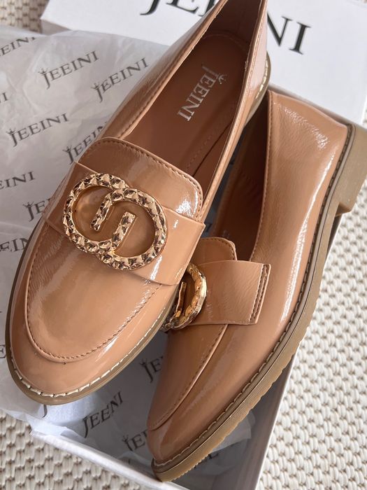 36 Sklep nowe ciemnobeżowe mokasyny damskie lakierowane casual na co dzień modne 8037e