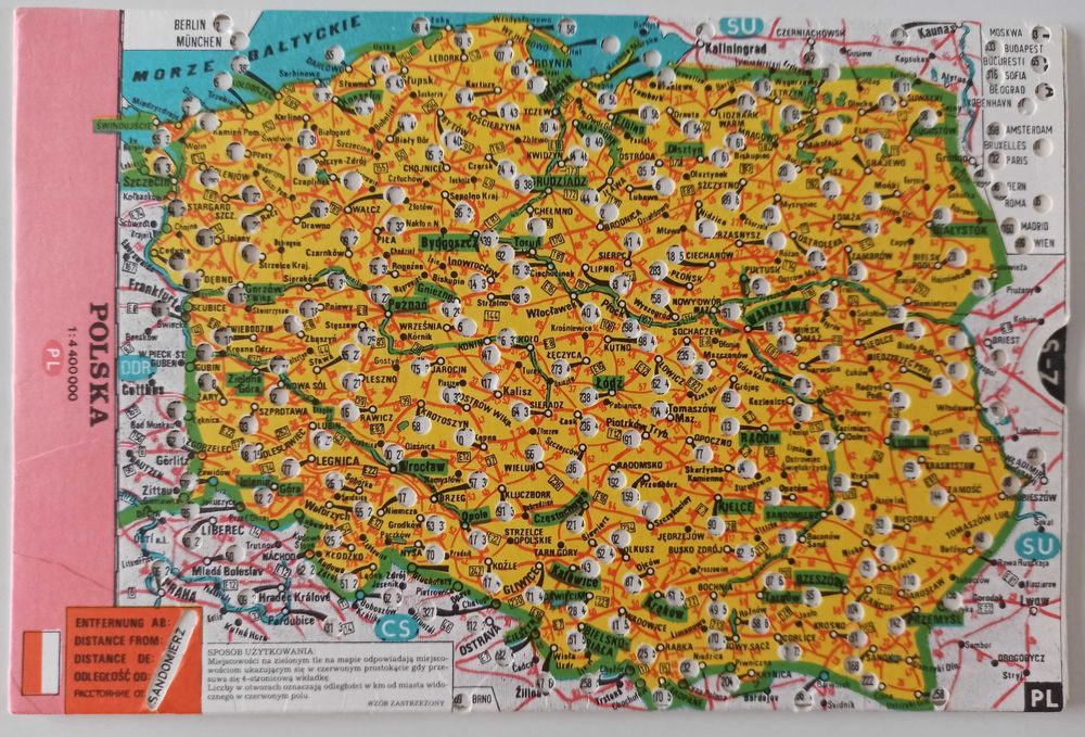 mapa Polski pokazująca dystans w km unikat PRL 22 x 15 cm