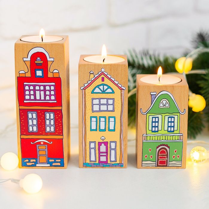 Підсвічники подарунок на Новий рік з натурального дерева, набір 3 шт