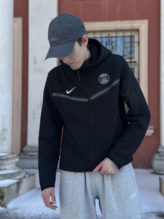 Кофта найк теч флис псж  Зип худи Nike Tech Fleece  черная Спортивная