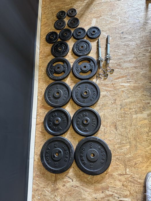 obciążenie żeliwne 116kg, sztangi, stojak na ciężary