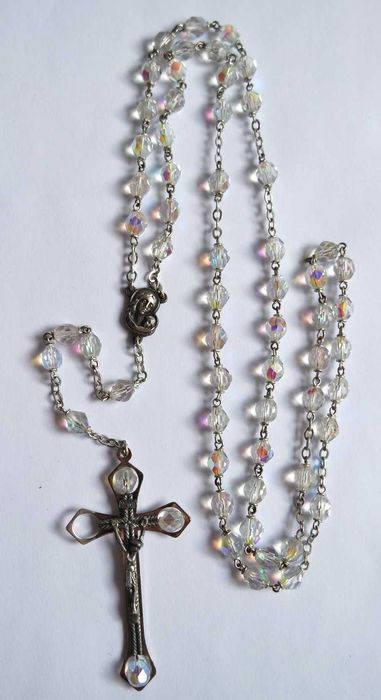 Różaniec piękny szklany opalizujący vintage duży naszyjnik