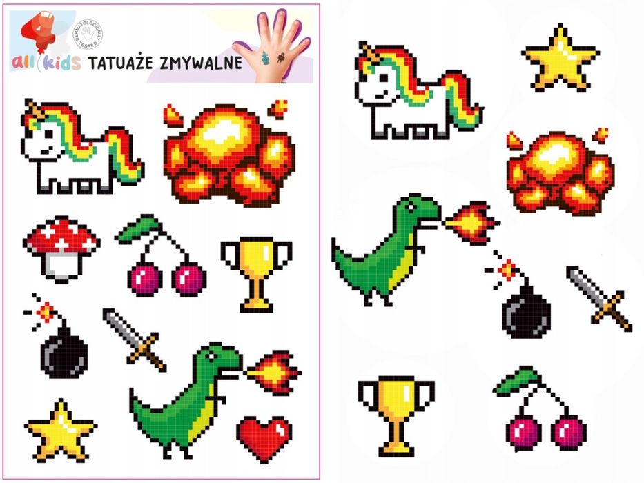 Tatuaże zmywalne dla dzieci Piksele Gaming  10x15 cm