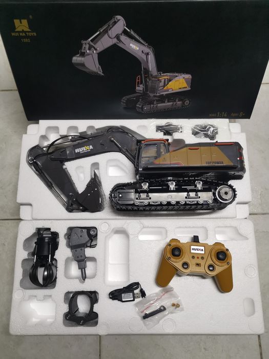 Máquina escavadora RC HUINA 1592 1:14 pá metálica + Garras + ponteiro