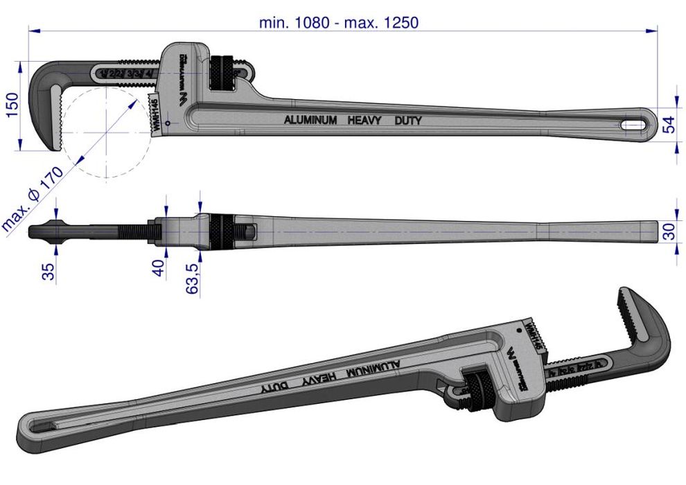Klucz do rur typ amerykański  48" uchwyt aluminium wzmocniony szczęki CrMo max średnica Waryński
