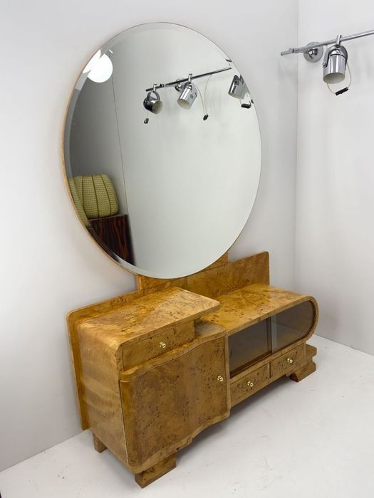 Stara toaletka Art Dèco z dużym okrągłym lustrem