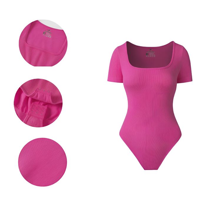 Body modelujące damskie krótki rękaw – nylon/spandex, różowe M