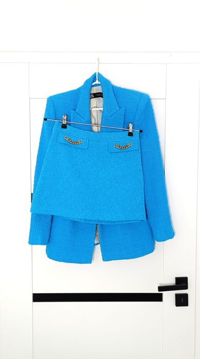 Zara 100% Bawełna niebieski tweedowy garnitur zestaw marynarka + spódn