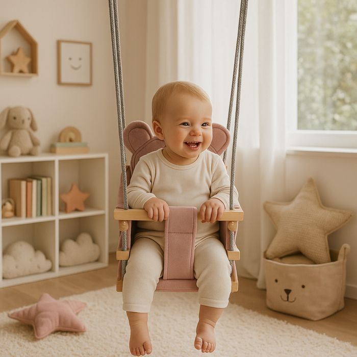 Huśtawka Welurowa Miś - Pudrowy Róż