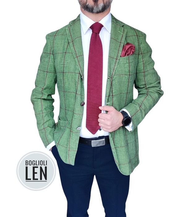 Lniana włoska marynarka w kratę bordo len kratka Boglioli 50 M Italy luxury tailoring