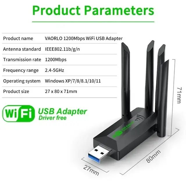 Двохдіапазонний USB WiFi 5 адаптер Vaorlo 1200 Mbps Dual Band 2.4G/5G