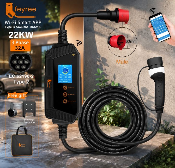 Зарядний пристрій Feyree 22 кВт 32А 3 фази wallbox Type 2 Wi-Fi APP IP66 CEE 32A 5м для електромобілів Tesla Nissan VW Hyundai Kia